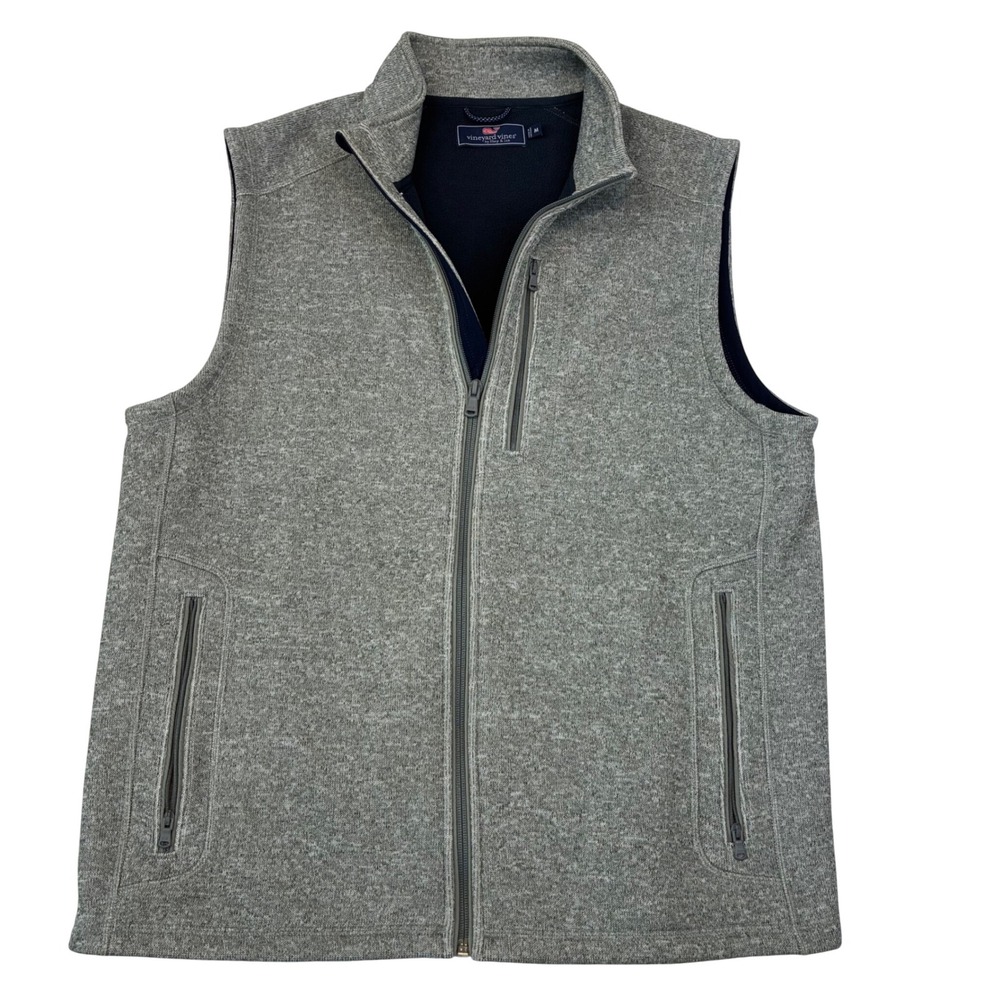 Vineyard Vines Vest Mens Medium Gray Saltwater Sweater Fleece Full Zip 1K001074